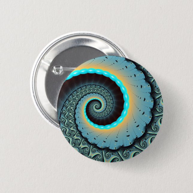 Abstract Blue Turquoise Orange Fractal Art Spiral Button (Front & Back)