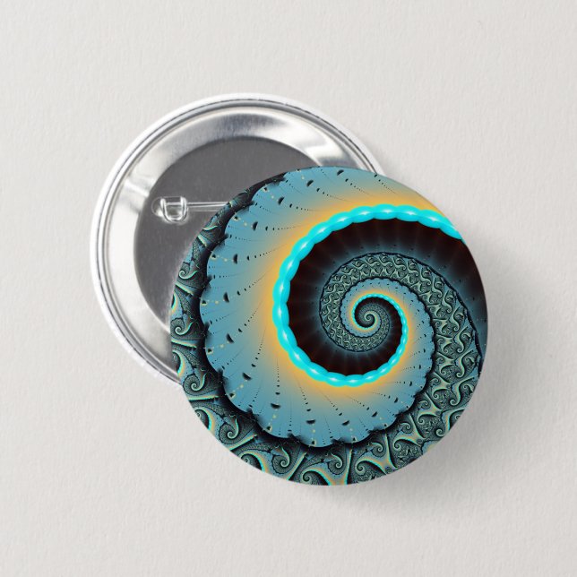 Abstract Blue Turquoise Orange Fractal Art Spiral Button (Front & Back)