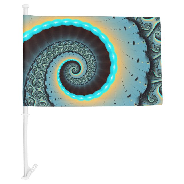 Abstract Blue Turquoise Orange Fractal Art Spiral Car Flag (Front)