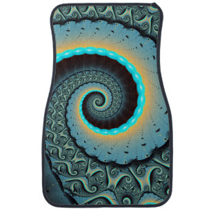 Abstract Blue Turquoise Orange Fractal Art Spiral Car Floor Mat