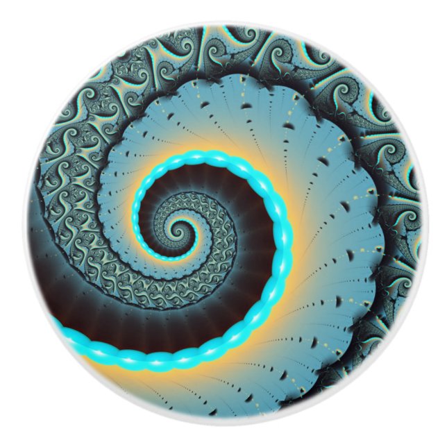 Abstract Blue Turquoise Orange Fractal Art Spiral Ceramic Knob (Front)