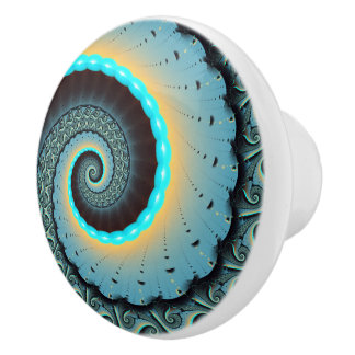 Abstract Blue Turquoise Orange Fractal Art Spiral Ceramic Knob