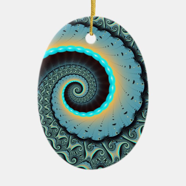 Abstract Blue Turquoise Orange Fractal Art Spiral Ceramic Ornament (Front)