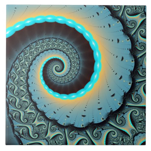 Abstract Blue Turquoise Orange Fractal Art Spiral Ceramic Tile