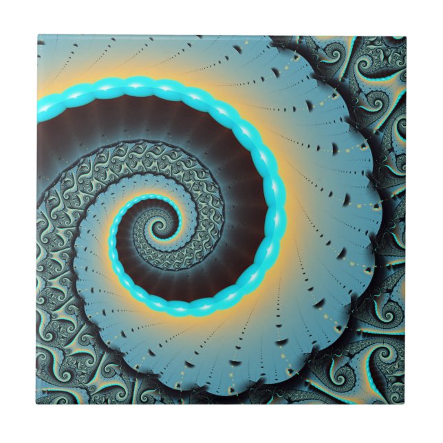Abstract Blue Turquoise Orange Fractal Art Spiral Ceramic Tile (Front)
