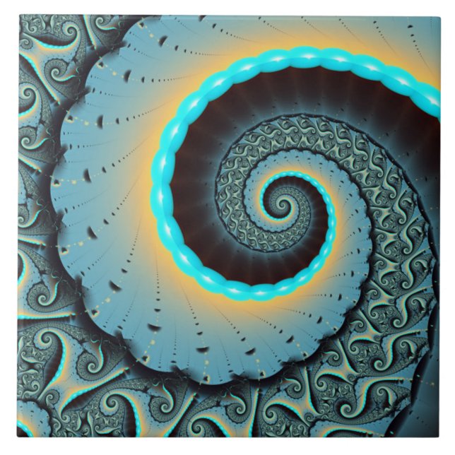 Abstract Blue Turquoise Orange Fractal Art Spiral Ceramic Tile (Front)
