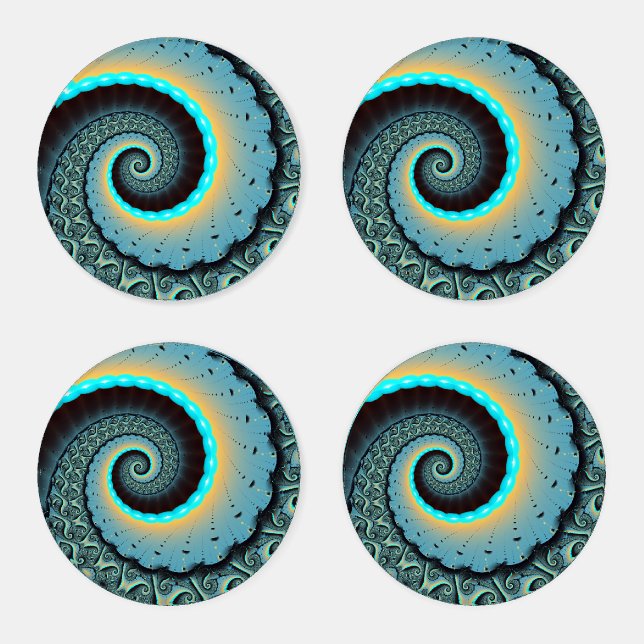 Abstract Blue Turquoise Orange Fractal Art Spiral Coaster Set (Set)
