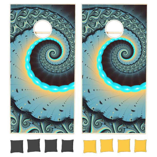 Abstract Blue Turquoise Orange Fractal Art Spiral Cornhole Set (Set)