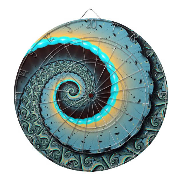 Abstract Blue Turquoise Orange Fractal Art Spiral Dart Board (Front)