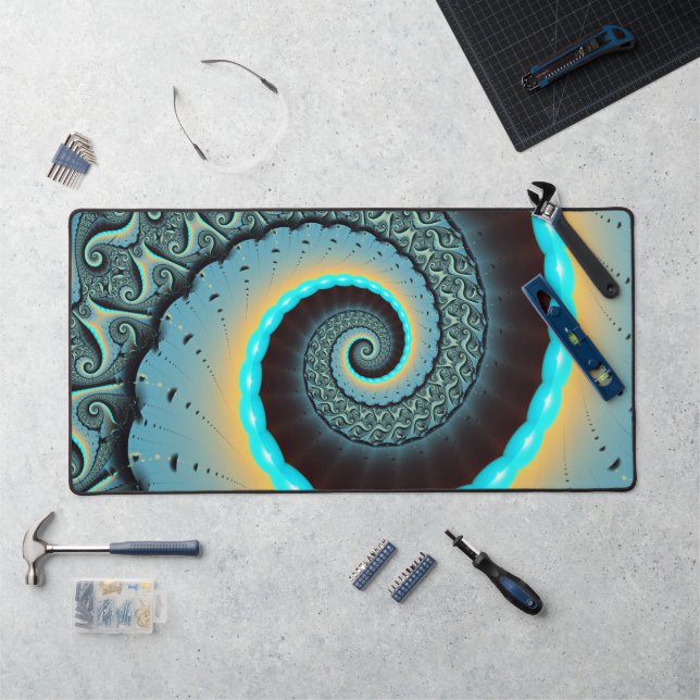 Abstract Blue Turquoise Orange Fractal Art Spiral Desk Mat (Workstation)
