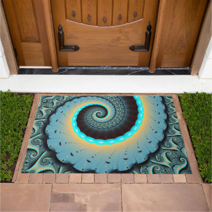 Abstract Blue Turquoise Orange Fractal Art Spiral Doormat