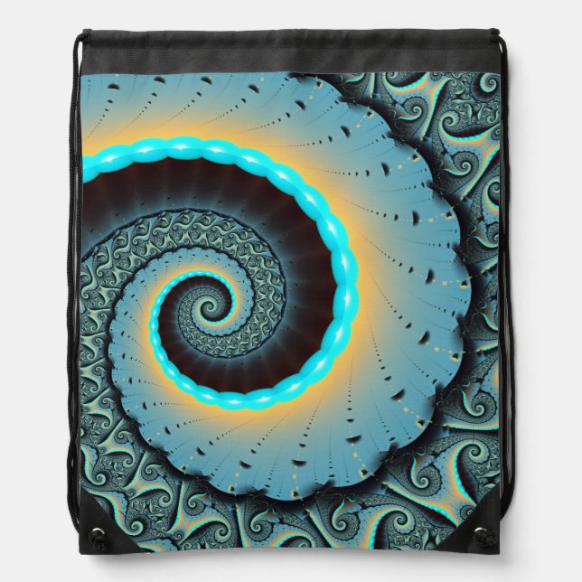 Abstract Blue Turquoise Orange Fractal Art Spiral Drawstring Bag (Front)