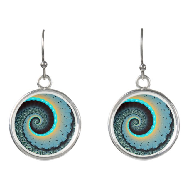 Abstract Blue Turquoise Orange Fractal Art Spiral Earrings (Front)