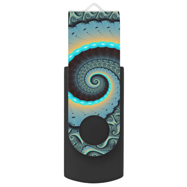 Abstract Blue Turquoise Orange Fractal Art Spiral Flash Drive (Front Vertical)