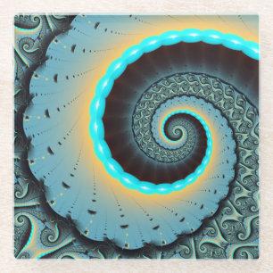 Abstract Blue Turquoise Orange Fractal Art Spiral Glass Coaster