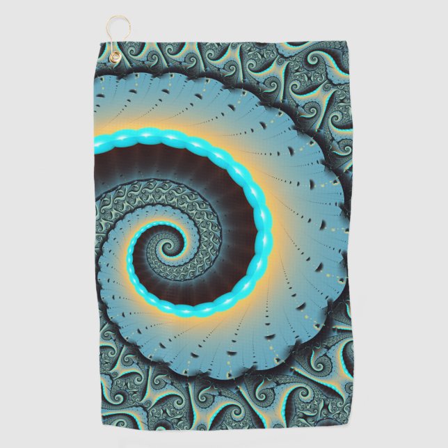 Abstract Blue Turquoise Orange Fractal Art Spiral Golf Towel (Front)