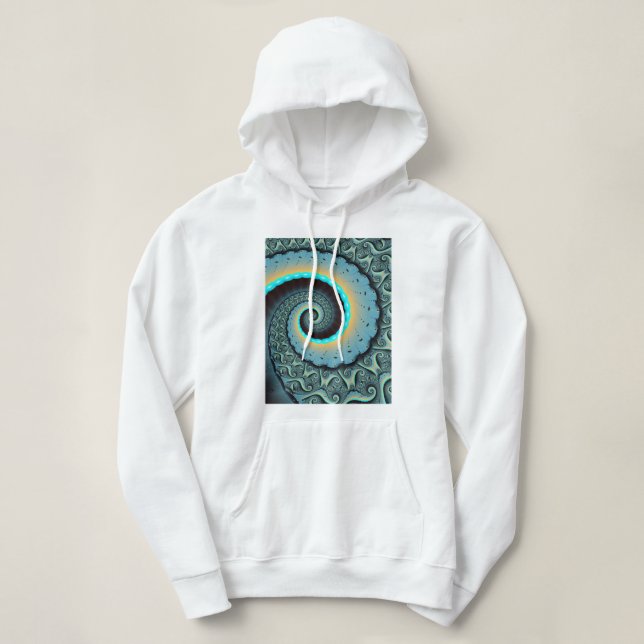 Abstract Blue Turquoise Orange Fractal Art Spiral Hoodie (Design Front)