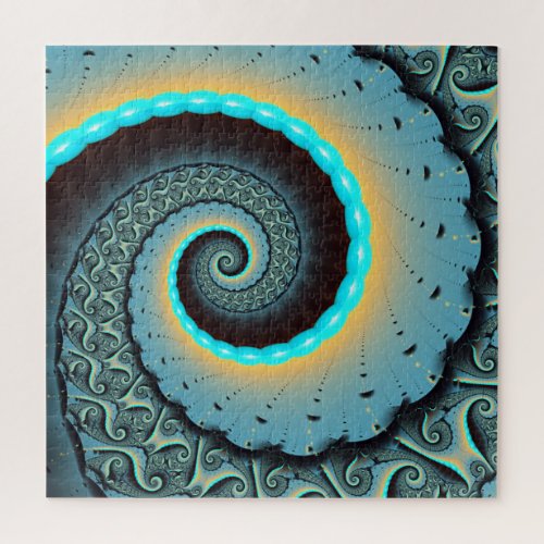 Abstract Blue Turquoise Orange Fractal Art Spiral Jigsaw Puzzle