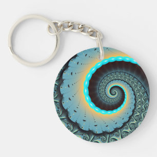 Abstract Blue Turquoise Orange Fractal Art Spiral Keychain