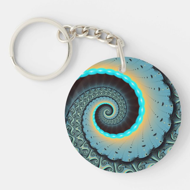 Abstract Blue Turquoise Orange Fractal Art Spiral Keychain (Front)