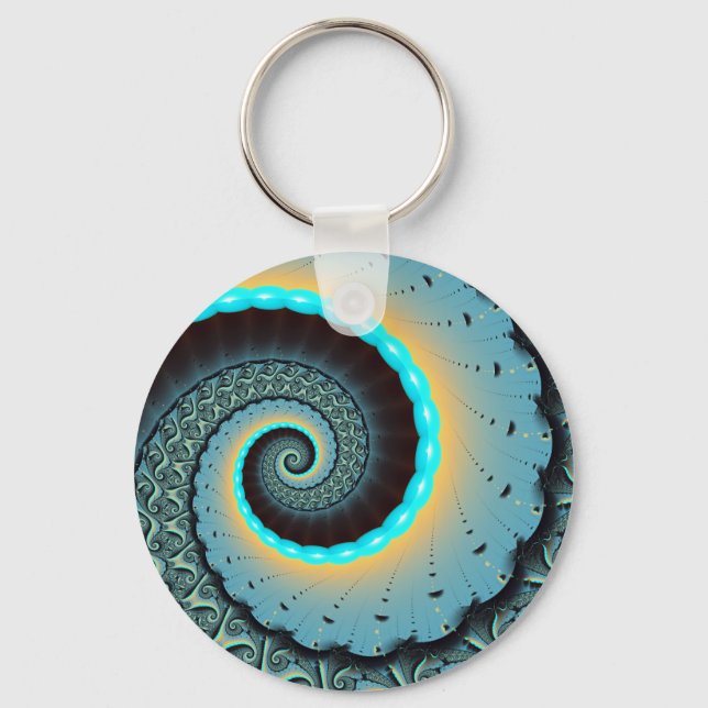 Abstract Blue Turquoise Orange Fractal Art Spiral Keychain (Front)