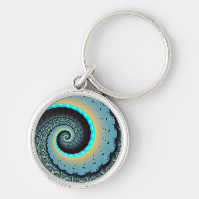 Abstract Blue Turquoise Orange Fractal Art Spiral Keychain (Front)