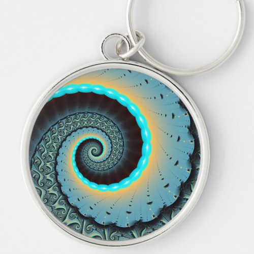 Abstract Blue Turquoise Orange Fractal Art Spiral Keychain