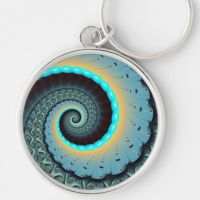 Abstract Blue Turquoise Orange Fractal Art Spiral Keychain (Front)