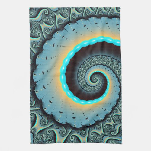 Abstract Blue Turquoise Orange Fractal Art Spiral Kitchen Towel