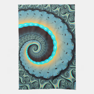 Abstract Blue Turquoise Orange Fractal Art Spiral Kitchen Towel