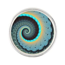 Abstract Blue Turquoise Orange Fractal Art Spiral Lapel Pin