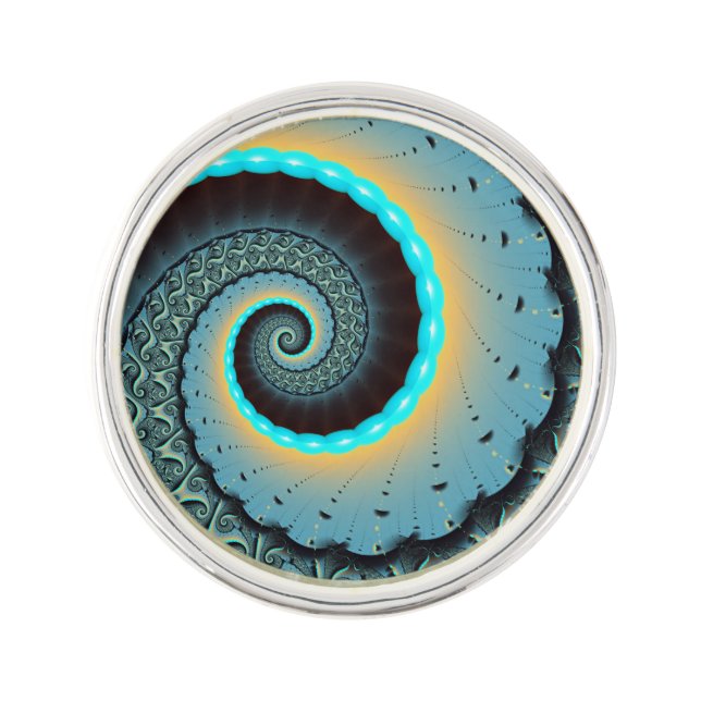 Abstract Blue Turquoise Orange Fractal Art Spiral Lapel Pin (Front)