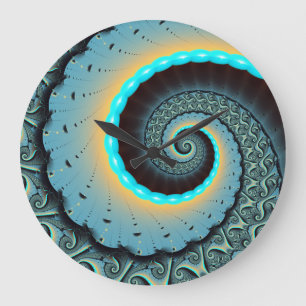 Abstract Blue Turquoise Orange Fractal Art Spiral Large Clock