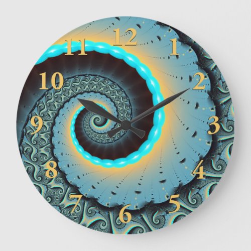 Abstract Blue Turquoise Orange Fractal Art Spiral Large Clock