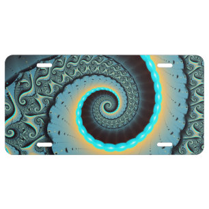 Abstract Blue Turquoise Orange Fractal Art Spiral License Plate