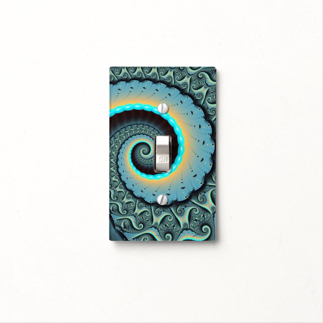 Abstract Blue Turquoise Orange Fractal Art Spiral Light Switch Cover (In Situ)