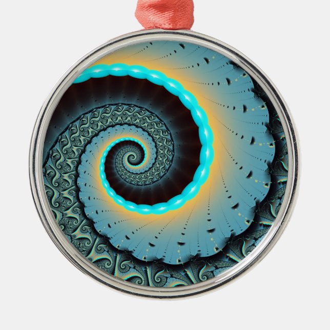 Abstract Blue Turquoise Orange Fractal Art Spiral Metal Ornament (Front)