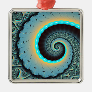 Abstract Blue Turquoise Orange Fractal Art Spiral Metal Ornament