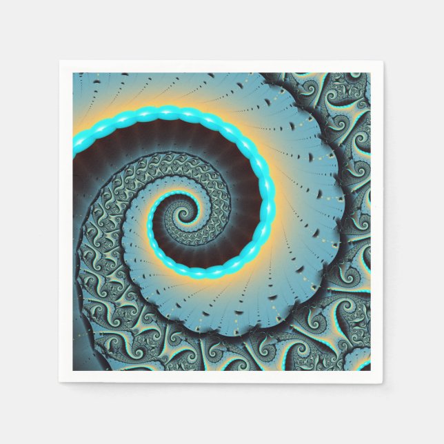 Abstract Blue Turquoise Orange Fractal Art Spiral Napkins (Front)