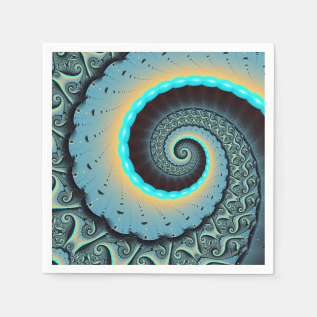 Abstract Blue Turquoise Orange Fractal Art Spiral Napkins (Front)