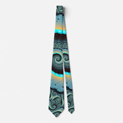 Abstract Blue Turquoise Orange Fractal Art Spiral Neck Tie