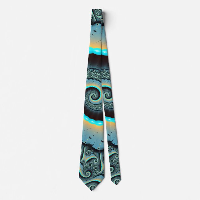Abstract Blue Turquoise Orange Fractal Art Spiral Neck Tie (Front)