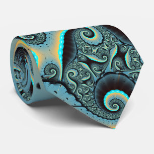 Abstract Blue Turquoise Orange Fractal Art Spiral Neck Tie