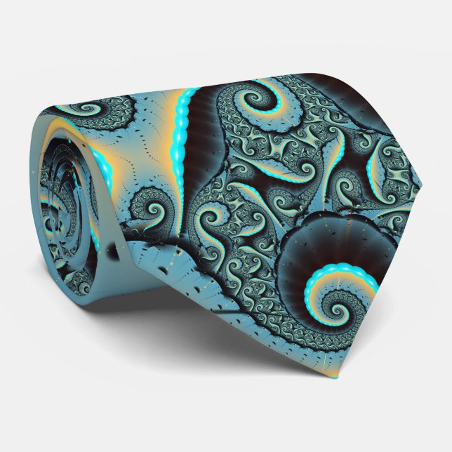 Abstract Blue Turquoise Orange Fractal Art Spiral Neck Tie (Rolled)