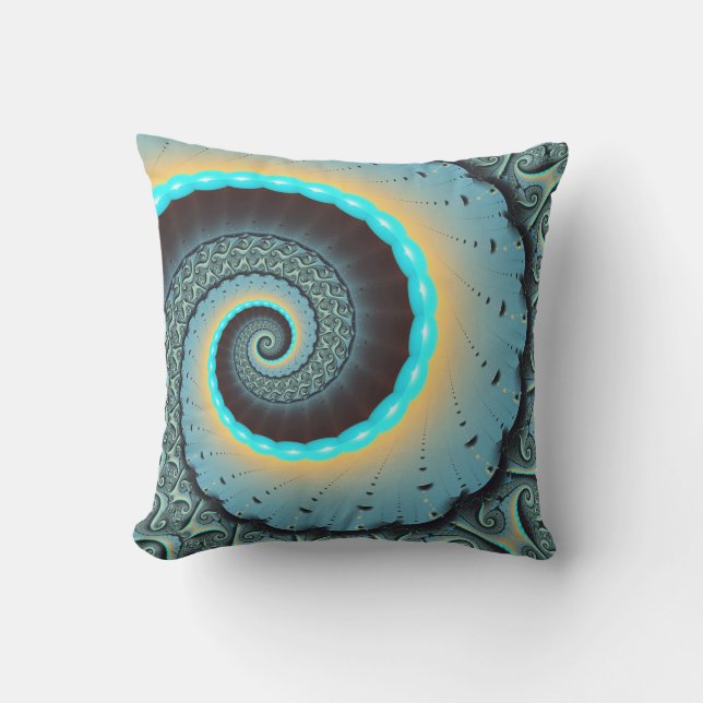 Abstract Blue Turquoise Orange Fractal Art Spiral Outdoor Pillow (Front)