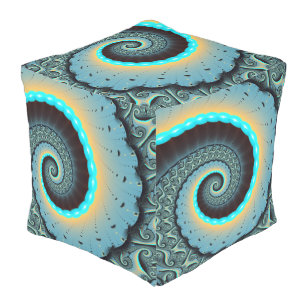 Abstract Blue Turquoise Orange Fractal Art Spiral Outdoor Pouf