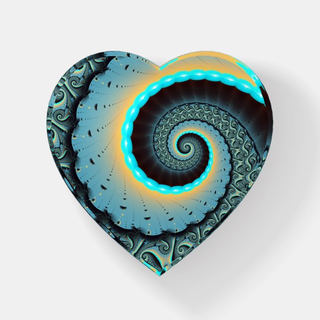 Abstract Blue Turquoise Orange Fractal Art Spiral Paperweight (Front)