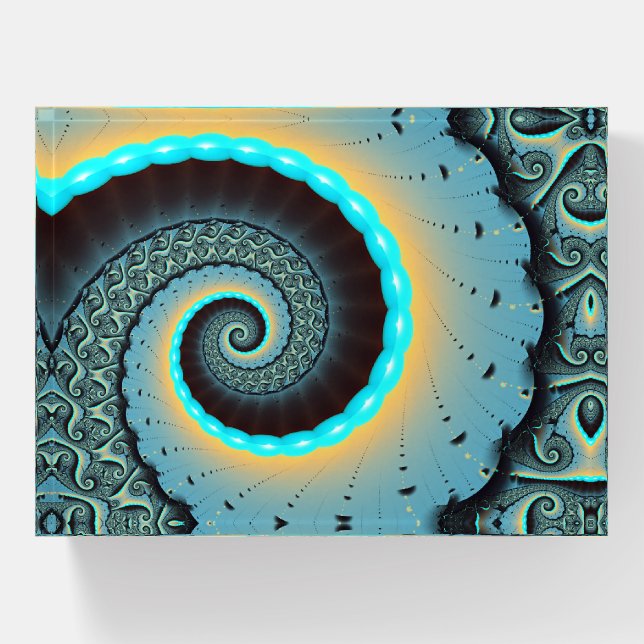 Abstract Blue Turquoise Orange Fractal Art Spiral Paperweight (Front)