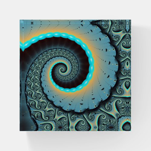 Abstract Blue Turquoise Orange Fractal Art Spiral Paperweight