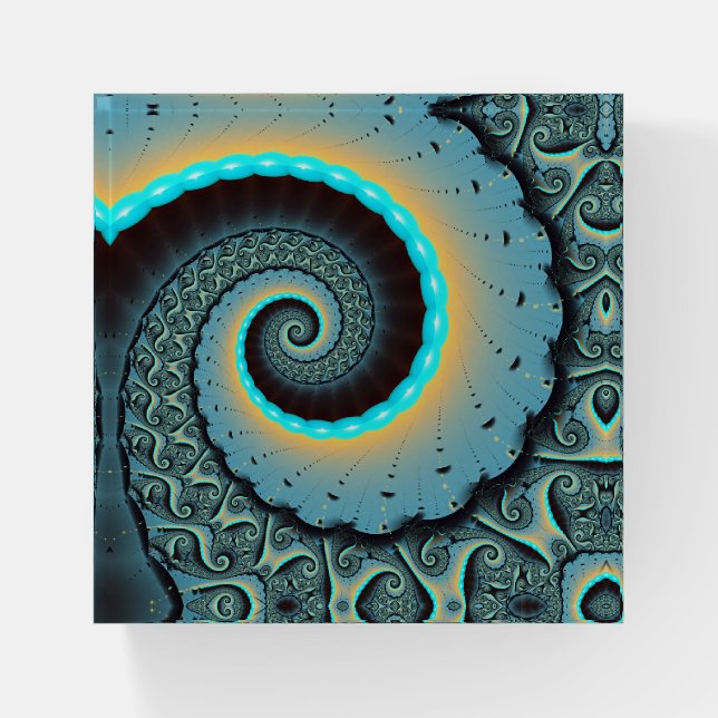 Abstract Blue Turquoise Orange Fractal Art Spiral Paperweight (Front)
